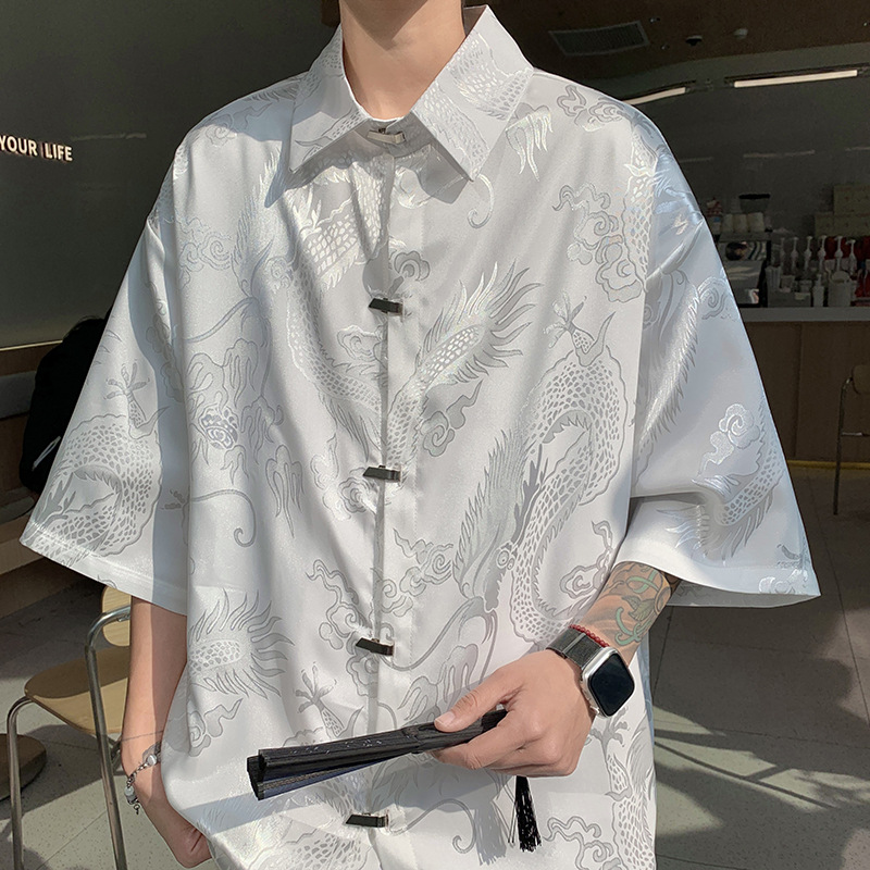 New Chinese Style Short Sleeve Shirt Men's Summer New Loose Large Size Metal Buckle Design Sense Hong Kong Style Ins High Street Jacket