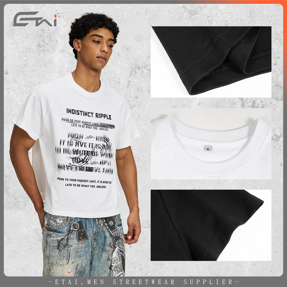 ETAI hombre verano 260g pesado algodón de manga corta hombre corto ancho marca de moda juvenil camiseta casual callejera image 4