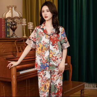 Shanghai Story 2025 Internet Celebrity Ins Style Pajamas Ice Silk Short-Sleeved Pants Summer Breathable Home Clothes Silk Satin
