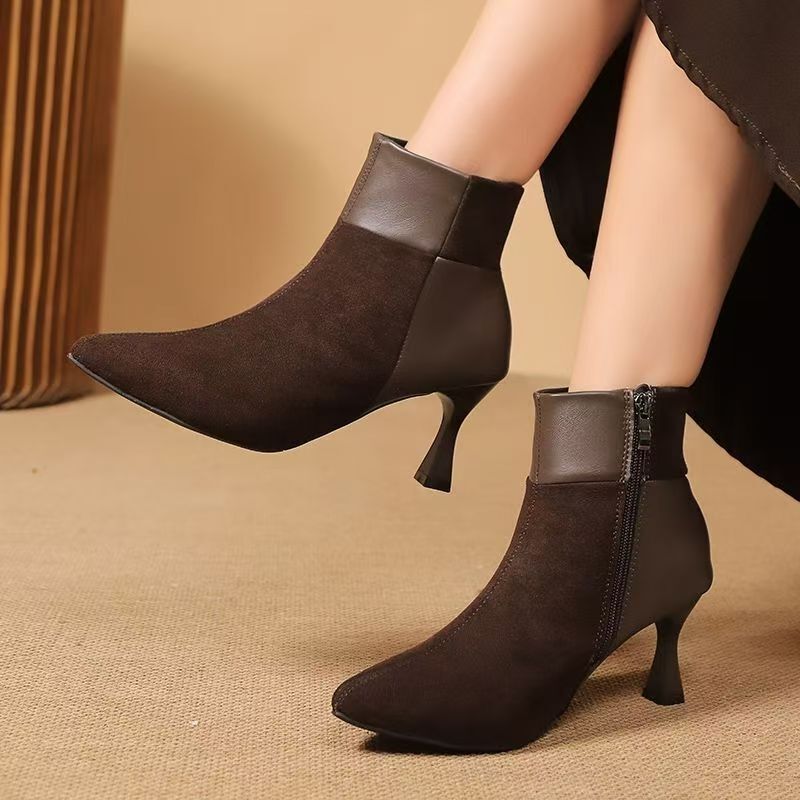 French Pointed Toe Spliced Suede Fashion Boots for Women 2025 Autumn and Winter New Stiletto Heel Brown Slim Short Boots