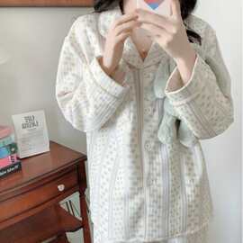 韩国ins女士睡衣女冬季加厚夹丝棉基础款套装长袖长裤睡衣批发女