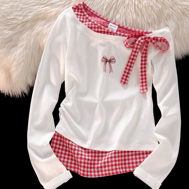 Pure Lust Hot Girl Design Plaid Stitching Contrasting Bow Fake Two-Piece Women's Spring & Fall Long-Sleeved T-Shirt Chic Top Pure Lust Hot Girl Design Plaid Stitching Contrasting Bow Fake Two-Piece Women's Spring & Fall Long-Sleeved T-Shirt Chic Top