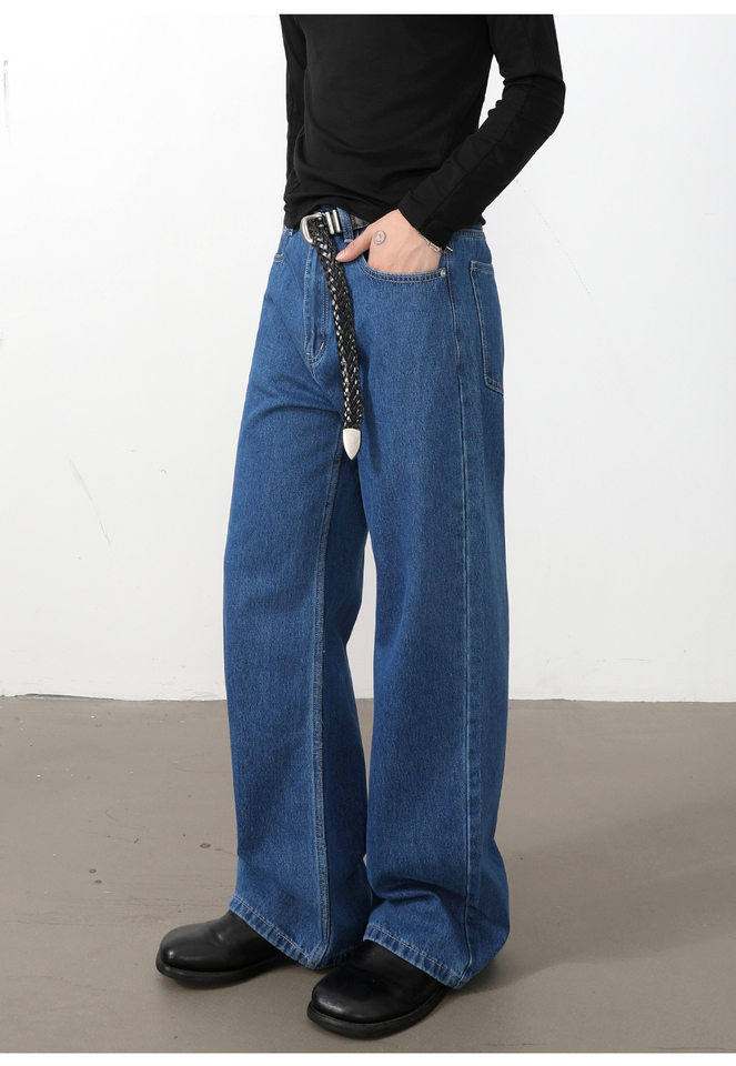 Quần jean nam ống rộng dáng suông thoải mái kiểu Mỹ, vải denim xử lý giặt mài, lưng trung, dài quần — Xanh da trờicolor, Xám đen, màu xám nhạt chi tiết 20