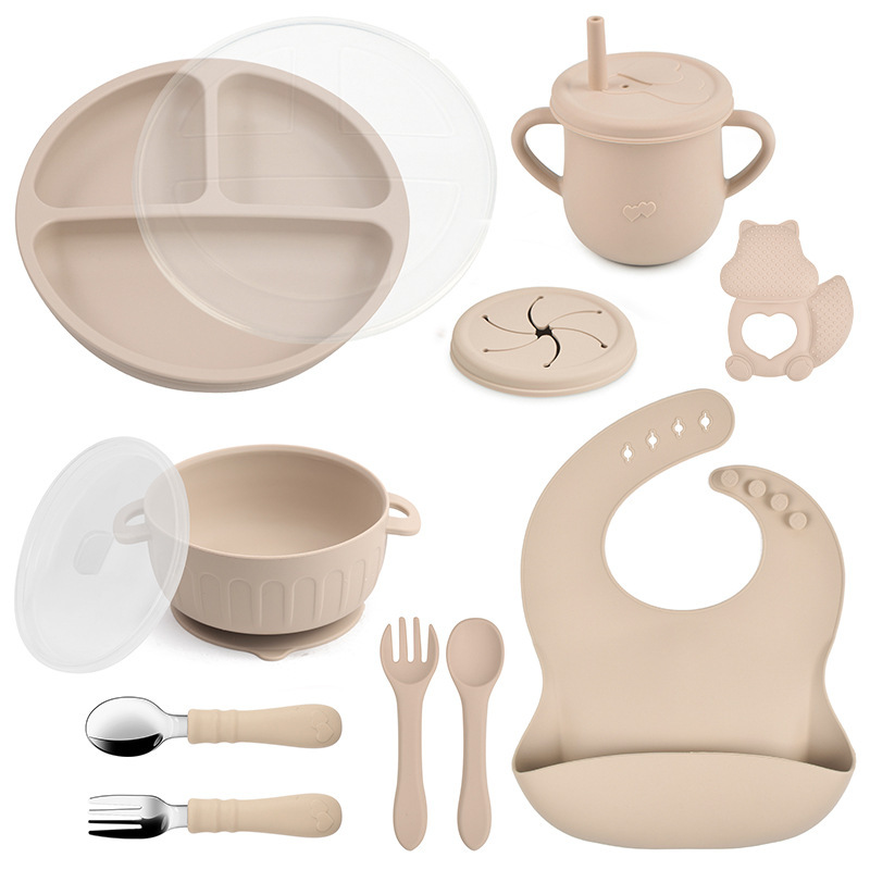 11-Piece Set of Kidsren's Smiling Face Dinner Plates, Silicone Tableware Sets, Baby Silicone Food Bowls, Spoons, Forks, Saliva Pockets, Water Cups, Teethers