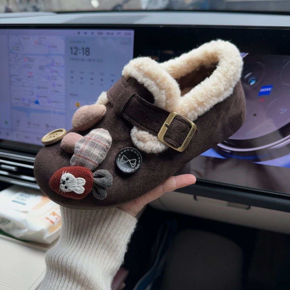 可爱加绒半拖鞋卡通公仔外穿2025冬季一脚蹬包头拖鞋女平底棉拖鞋