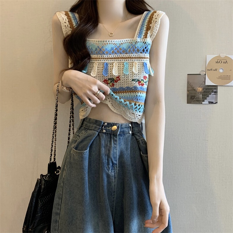 Bohemian Ethnic Style Knitted Sleeveless Crochet Camisole Women's Summer French Hollow Crochet Top