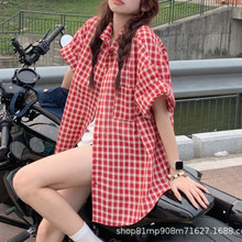 爆款红色格子长袖衬衫女秋季 2025 韩系通勤开衫宽松中长防晒衬衣