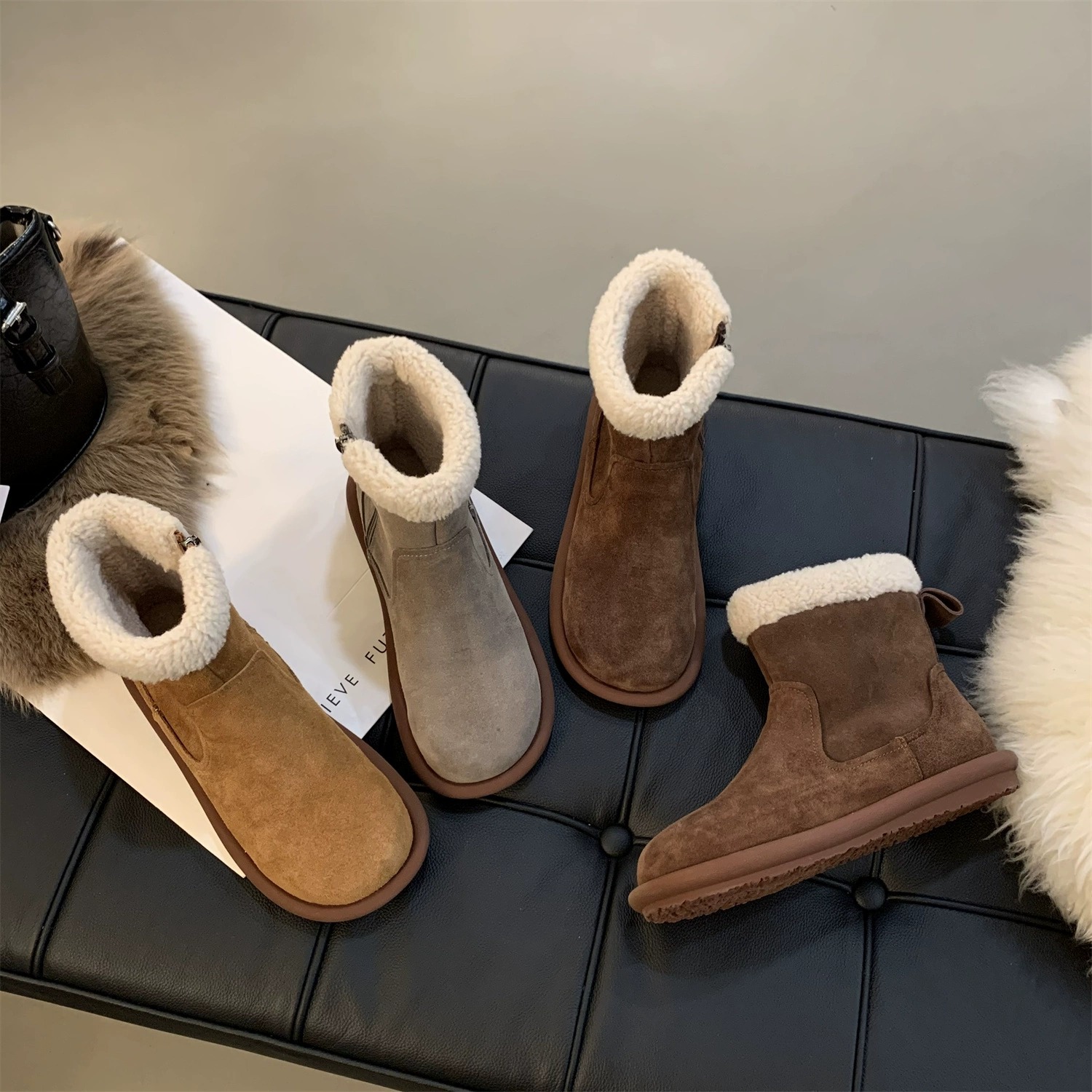 Snow boots women's winter fur one thick warm ankle boots with velvet cotton shoes_voghion.com