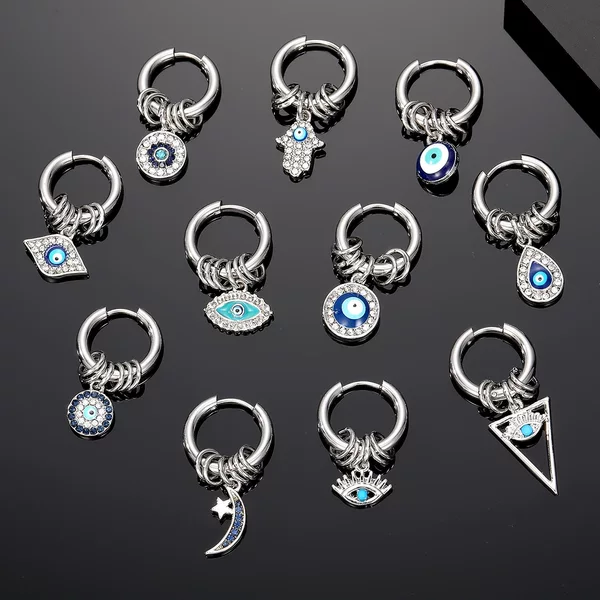 European retro punk hip hop men's single earrings geometric moon point diamond Devil's Eye stainless steel ear ring