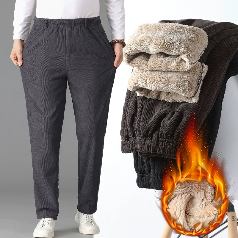 Эластичные бархатные брюки для среднего и пожилого возраста, мужские утолщенные осенне-зимние толстые бархатные повседневные брюки из ягненка на флисовой подкладке, мужские