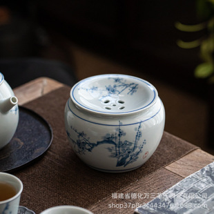 Antique Hand-Painted Blue and White Household Ceramic Jian Shui Tea Wash Basin with Lid, Retro Tea Residue Jar, Tea Bucket, Tea Ceremony Accessories