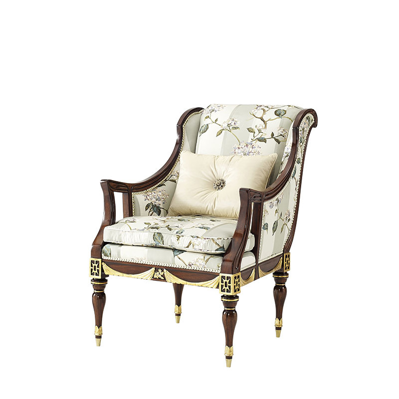 實木雕花描金休閒椅英式布藝沙發椅拉卡薩古典別墅古堡樣板房家具