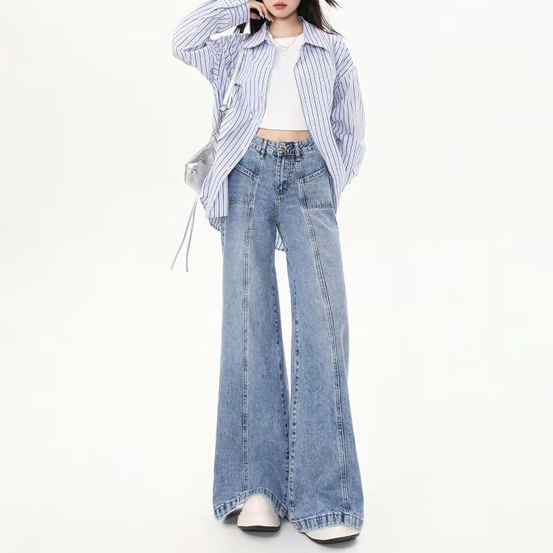 Design Sense American Style High Street Washed Blue Wide Leg Jeans Women's Low Waist Loose Straight Micro-Lapped Long Pants
