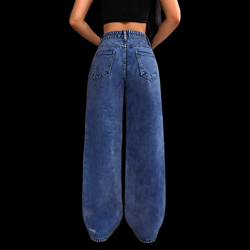 Women's Relaxed Fit Straight Leg Jeans - Vintage Washed Denim, Wide Leg Comfort, Street Style Casual Pants For Everyday Wear_ecoleips.com