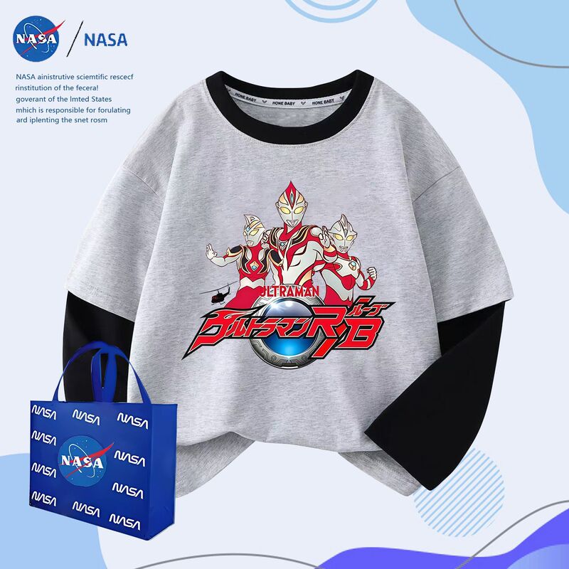 NASA春秋洋气奥特曼中大童保暖上衣T恤休闲纯棉儿童假两件长袖|undefined