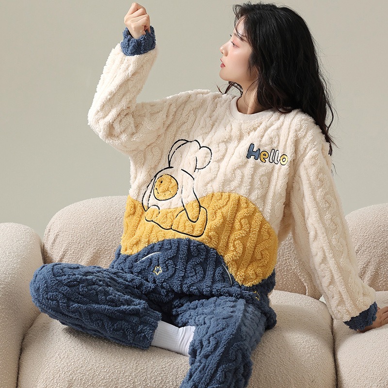 Pijamas de vellón de coral para mujer Otoño e Invierno engrosada franela forrada de vellón ropa para el hogar traje de dos piezas para mujer dibujos animados lindo