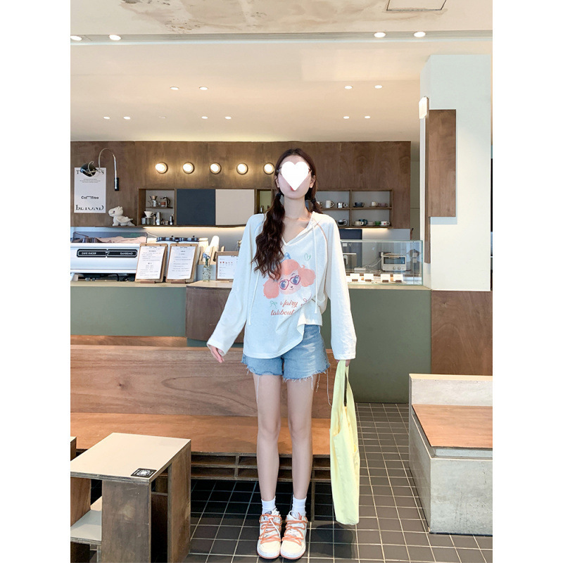 工厂批发 韩系穿搭连帽薄款防晒长袖罩衫女宽松慵懒空调衫T恤上衣|undefined