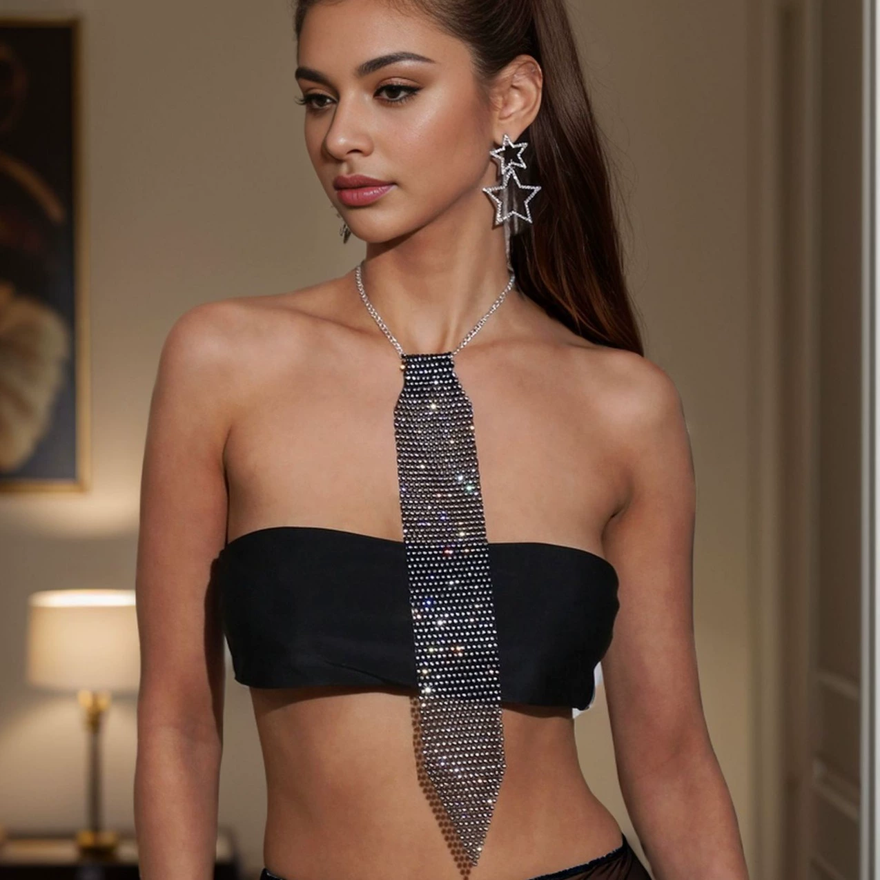 SHEIN одинаковый кросс-бордер кросс-бордер кросс-бордер кросс-бордер Diamond Tide People Европейская и американская мода многоступенчатая рыболовная сеть Diamond Night Shop Hot Girl Tie