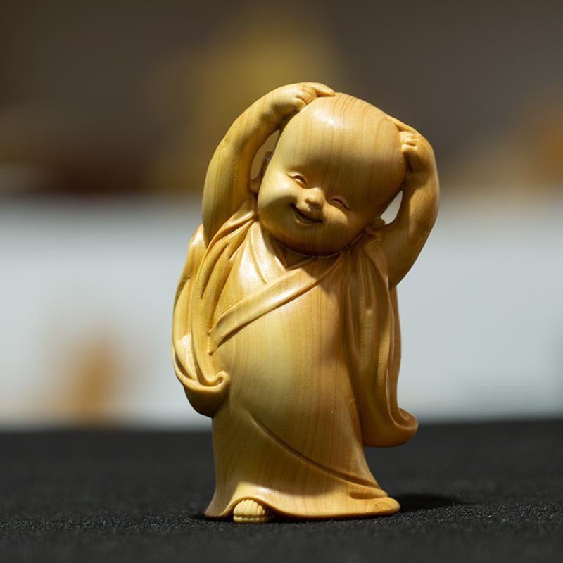 黄杨木雕刻禅意小沙弥随身手把玩件男盘玩家居装饰工艺品桌面摆件|undefined