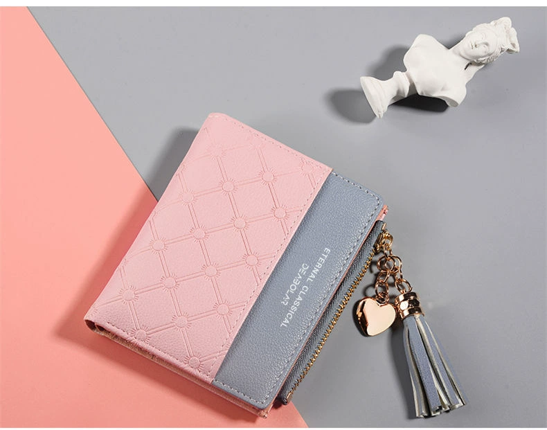 Short leather folding wallet, Korean style, contrasting stitching, zipper coin pocket, multi‑card