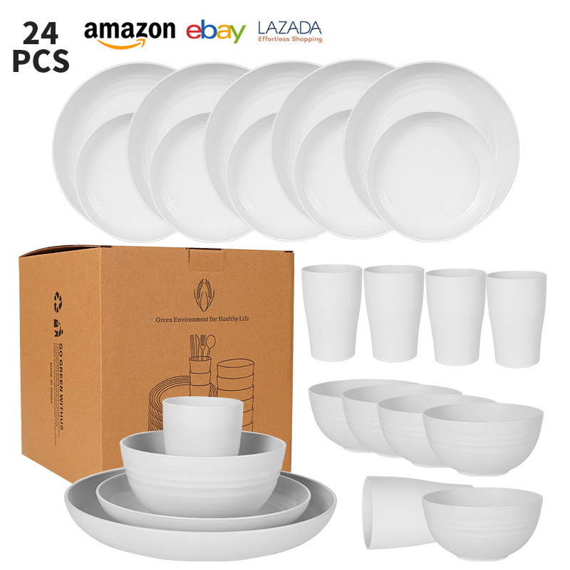 Cross-border wheat straw tableware suit thick white plate bowl water Cup outdoor camping plate Bowl Cup portable gift