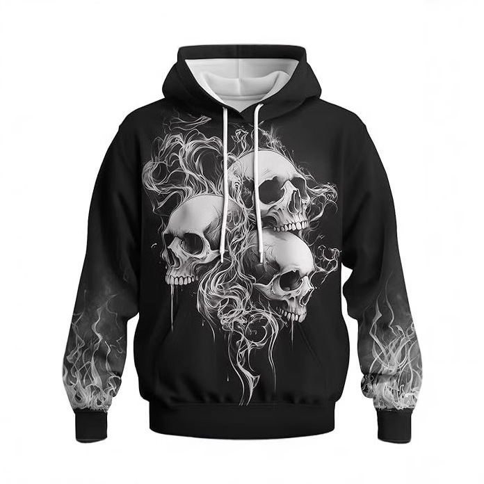 Shrimp Cross-border New Men's Long-sleeved Hoodie 3D Digital Printing Skull Printing Casual Shoulder Rope Sweater Top