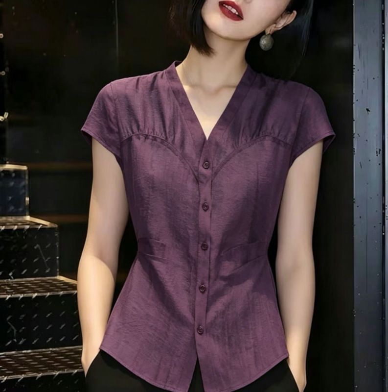 2026 Summer New Style Rayon Blend Designer Style Cardigan Women's V-Neck Pure Color Versatile Short-Sleeved Shirt 2026 Summer New Style Rayon Blend Designer Style Cardigan Women's V-Neck Pure Color Versatile Short-Sleeved Shirt