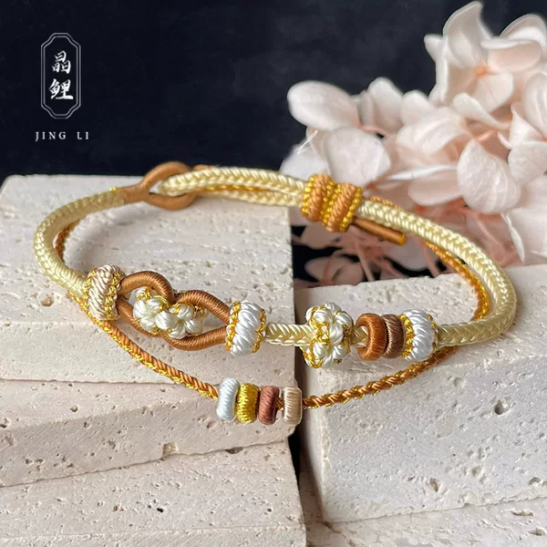 Double-Layered Melard Bracelets for Women, Wearable Gold Accessories, Handmade Braided Rope Bracelets, Peach Blossom Wreath Eight-Strand Braid Weaving