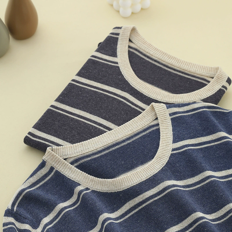 Дышащий льняный трикотажный топ с длинными рукавами весной и летом новый тонкий женский круглый воротник с длинными рукавами