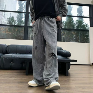 2024 New Hole Pure Cotton Trousers Men's Loose Straight Casual Sports Wide Leg Pants Cross-border American Fashion
