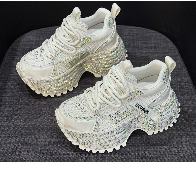 Giày sneaker nữ chunky đế dày phối đá pha lê cao cấp — Xám 5031, Be 5031 chi tiết 22