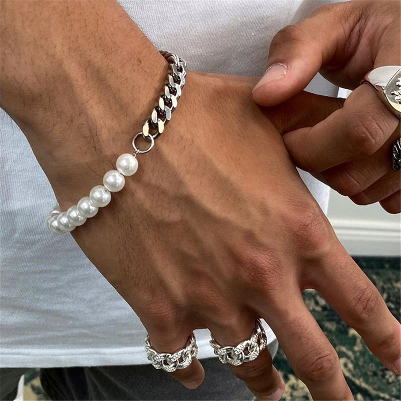 Cross-border New Cuban Chain Pearl Bracelet Men's Cold Style Fashion Ins Niche Hip-hop Simple Couple Bracelet Cross-border New Cuban Chain Pearl Bracelet Men's Cold Style Fashion Ins Niche Hip-hop Simple Couple Bracelet