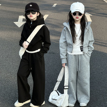 女童春秋装休闲三件套2025新款中大童洋气时髦外套直筒裤运动套装