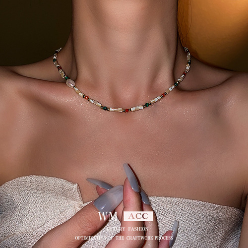 Baroque Freshwater Pearl Colored Natural Stone Necklace Simple Temperament Clavicle Chain Light Luxury High-end Necklace for Women