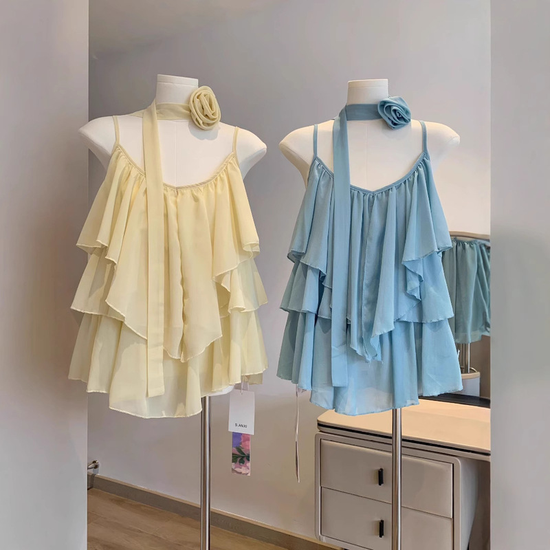 Gentle Style Blue Asymmetrical Camisole Women's 2025 Summer New Age-Reducing Flower Ribbon Sleeveless Top