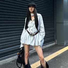 宽松韩版polo领衬衫连衣裙女秋季设计感长袖衬衣裙子收腰a字短裙