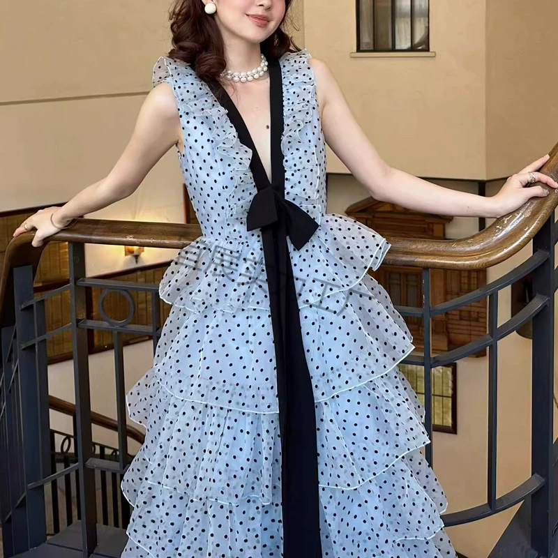 轻奢高ji感波点蛋糕网纱连衣裙2025新款复古小众设计感法式长裙子