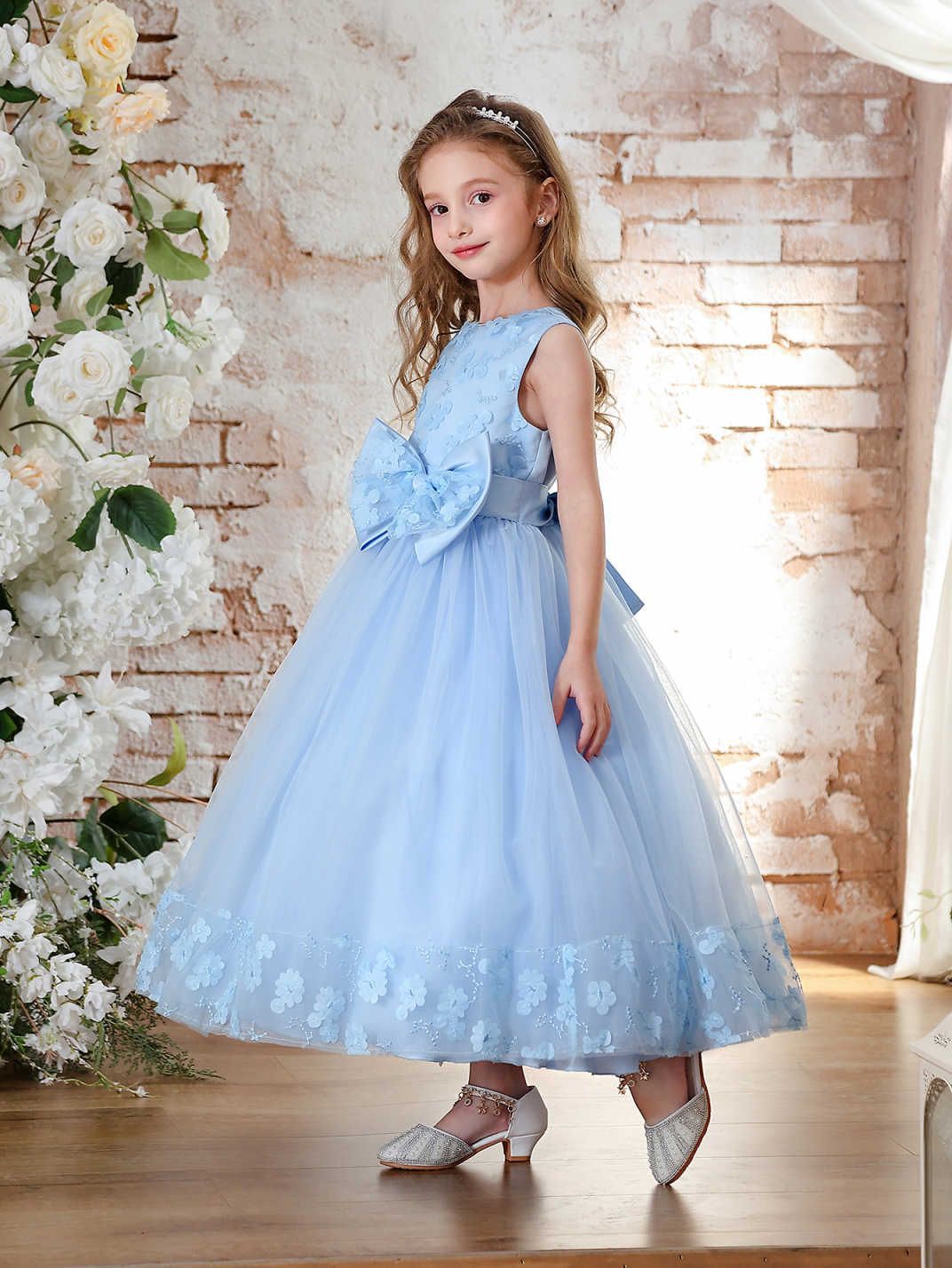 Vestido transfronterizo para niños de Amazon, vestido de novia para niñas, vestido de princesa para niñas, vestido de encaje azul para niños