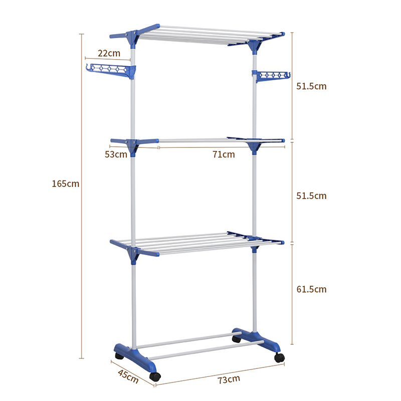 Tendedero de ropa simple de un solo poste, tendedero de pie plegable multifuncional de tres niveles para exteriores, tendedero de balcón con forma de ala