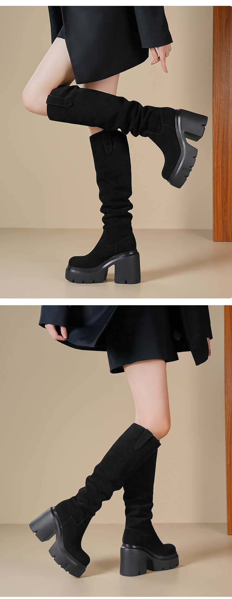 Boot nữ cổ cao ôm bắp chân chất liệu da lộn, gót 12 cm, phong cách kỵ sĩ — Lót nhung đen chi tiết 5