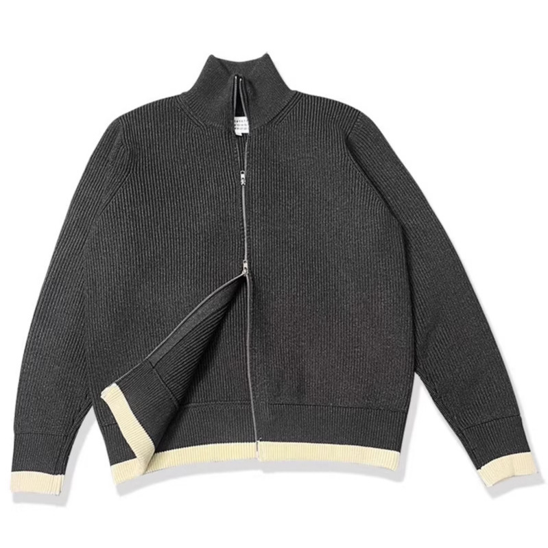 In-Stock Heavyweight High-Neck Zip-Up Cardigan Sweater Warm Coat Mm6 Knitwear with Color-Block Stripes