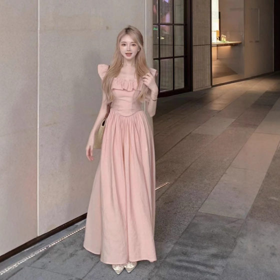 2025 Summer New Super Fairy French Style Ruffled dress Square Collar Women's Elegant Tight Waist Slimming Mid-length Dress Trendy