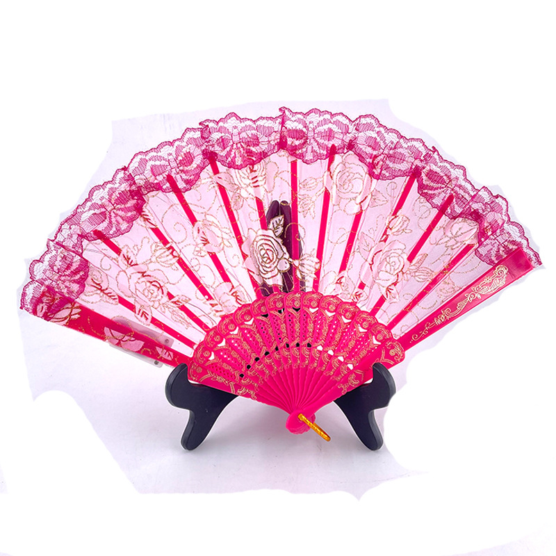 #593-4 7寸-6V双功能-玫瑰蕾丝扇玫红色粉色