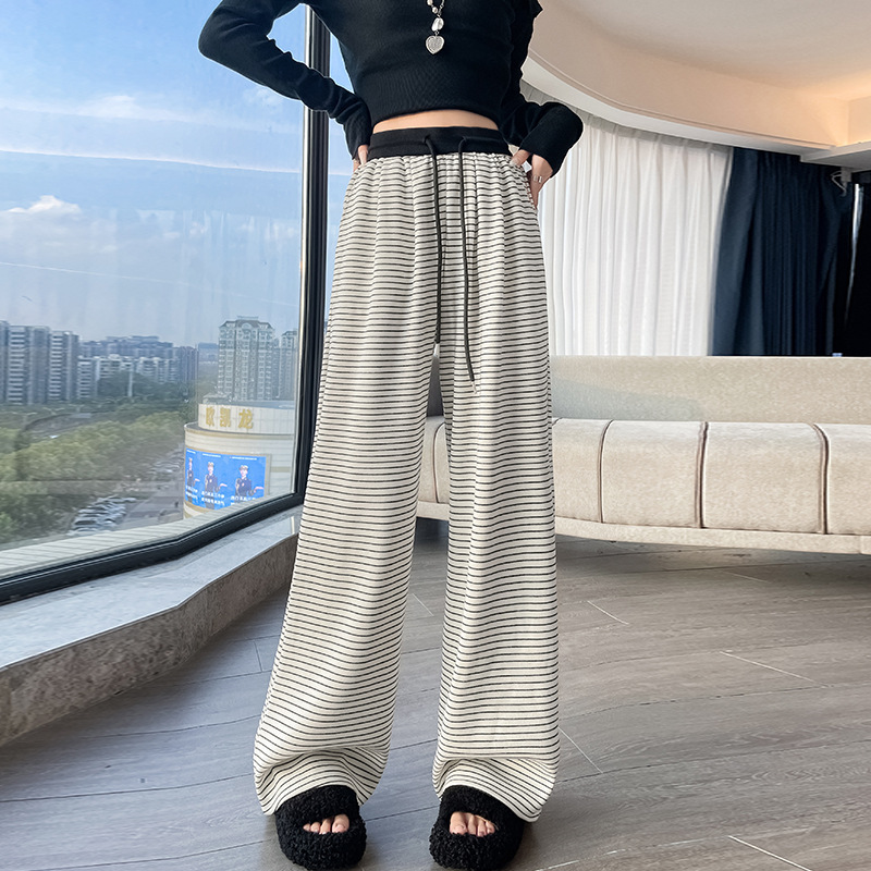 撞色条纹阔腿裤女2025秋款宽松羊绒百搭慵懒风高腰垂顺针织糯米裤|undefined