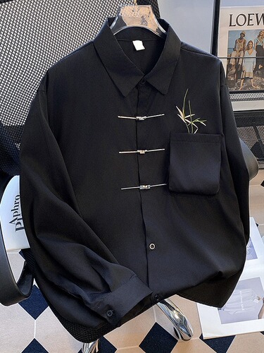 Men's High-End Chinese Style Casual Long-Sleeve Shirt with Traditional Button Closures, Loose Fit, Flowing Sensation, and Modern Chinese Outfit
