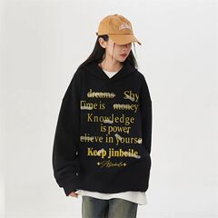 美式休闲国潮牌字母印花情侣连帽卫衣女秋冬加绒情侣宽松学生上衣