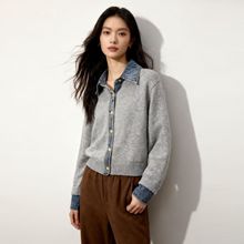 日韩热销牛仔拼接针织开衫秋季新款时尚显瘦针织衫毛衣女开衫外套