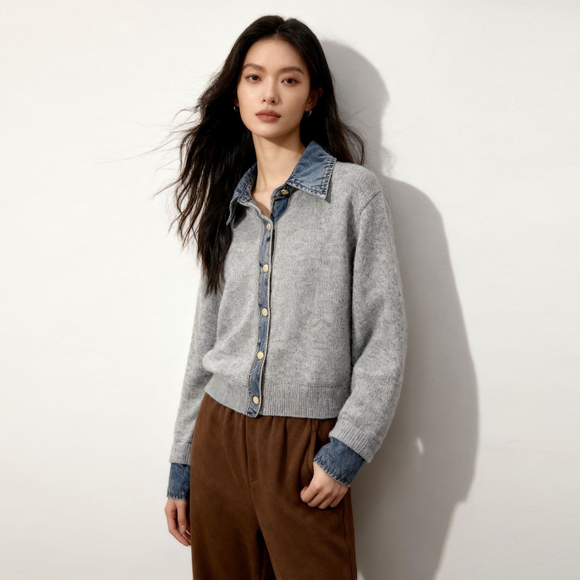 日韩热销牛仔拼接针织开衫秋季新款时尚显瘦针织衫毛衣女开衫外套