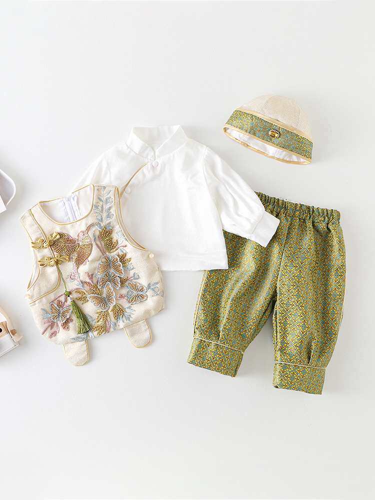 Primavera y otoño ropa de bebés estilo chino 100 días vestido de aniversario de bebés conjunto dividido para bebés pequeños Tang traje Hanfu captura semana