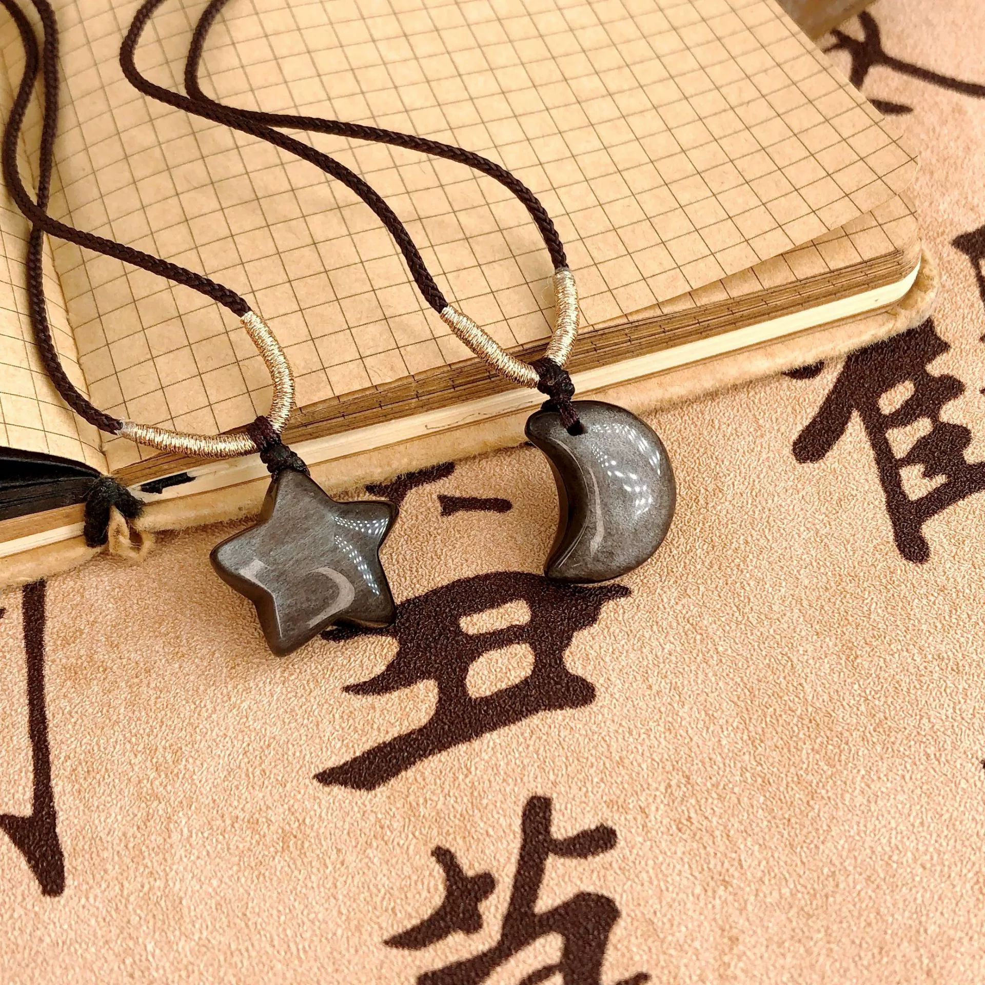 Натуральное серебро обсидиан звезда луна кулон цепочка на ключицу Нефритовое ожерелье обсидиан винтажный парный кулон регулируемый